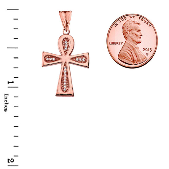 Rose Gold Diamond Egyptian Ankh Cross Textured Pendant with Measurement