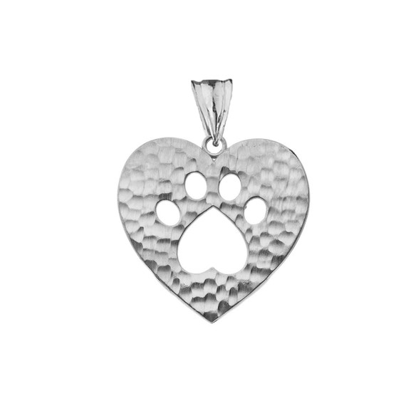 Cut-Out Paw Print in Heart Pendant Necklace in White Gold