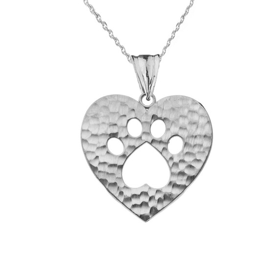 Cut-Out Paw Print in Heart Pendant Necklace in White Gold