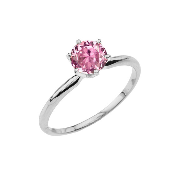 White  Gold Pink CZ  Dainty Solitaire Engagement Ring