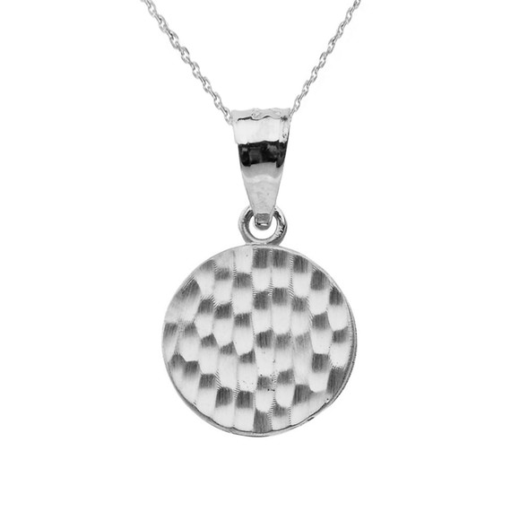 White Gold Hammered Round Pendant Necklace
