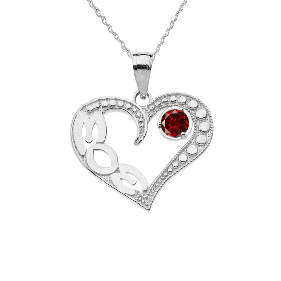 January Garnet (LC) 'MOM' Heart Pendant Necklace in White Gold