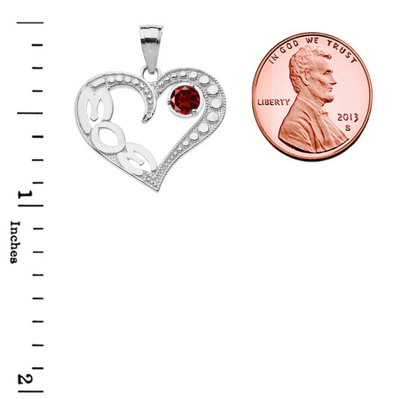 January Garnet (LC) 'MOM' Heart Pendant Necklace in White Gold