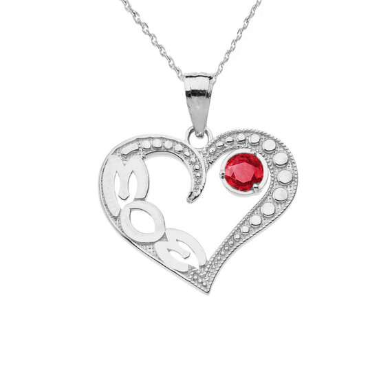 July Ruby (LC)  'MOM' Heart Pendant Necklace in White Gold