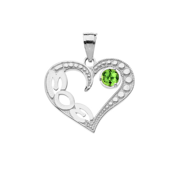 August Peridot (LC) 'MOM' Heart Pendant Necklace in White Gold