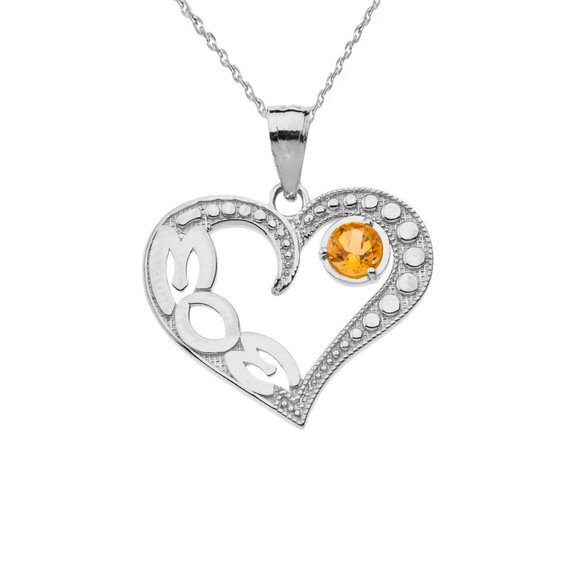 November Citrine (LC) 'MOM' Heart Pendant Necklace in Sterling Silver