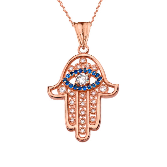 Chic Diamond & September Birthstone Hamsa Evil Eye Pendant Necklace in Rose Gold