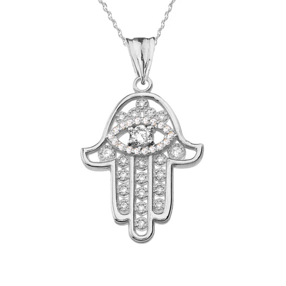 Chic Diamond  Hamsa Evil Eye Pendant Necklace in White Gold