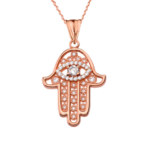 Chic Hamsa Evil Eye Pendant Necklace in Rose Gold