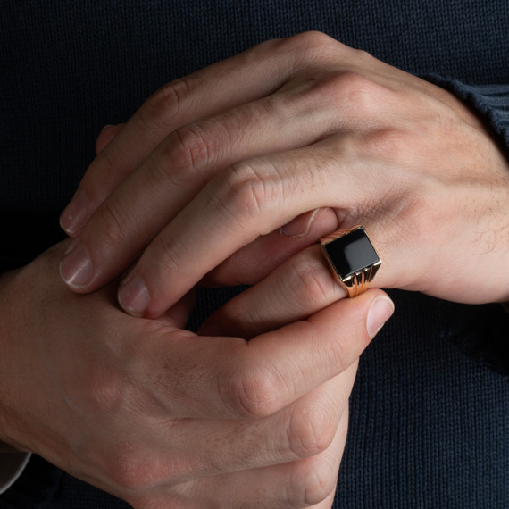 Yellow Gold Men's Classic Rectangular Black Oynx Ring | Factory