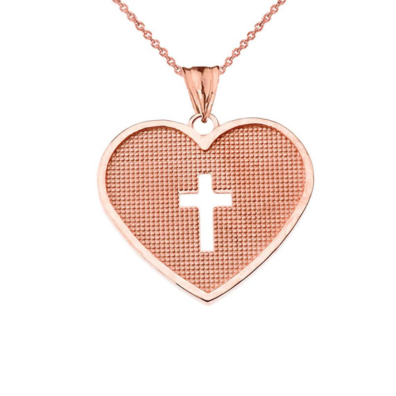 Hammered Heart with Open Cross Pendant Necklace in Rose Gold