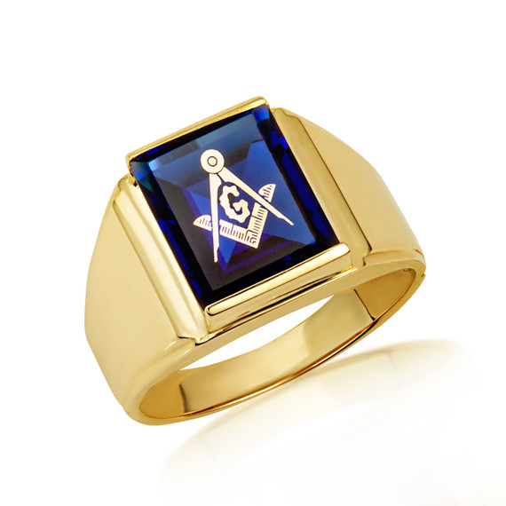 Yellow Gold Custom Emerald Cut Sapphire Birthstone Freemason Square & Compass Signet Ring