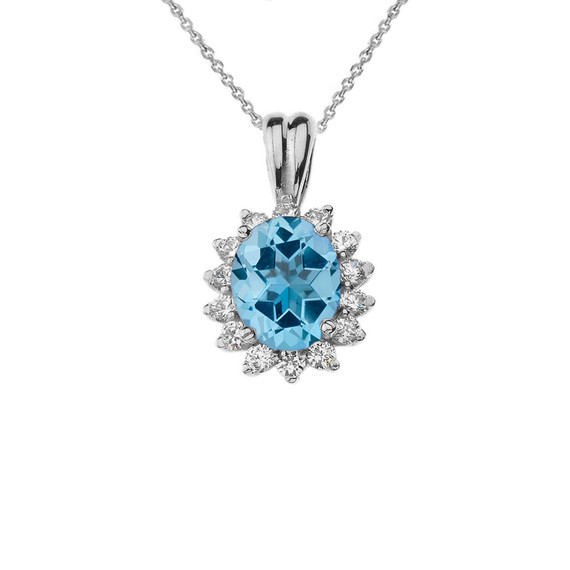 Princess Diana Inspired Halo Personalized Semi Precious Birthstone Pendant Necklace in White Gold