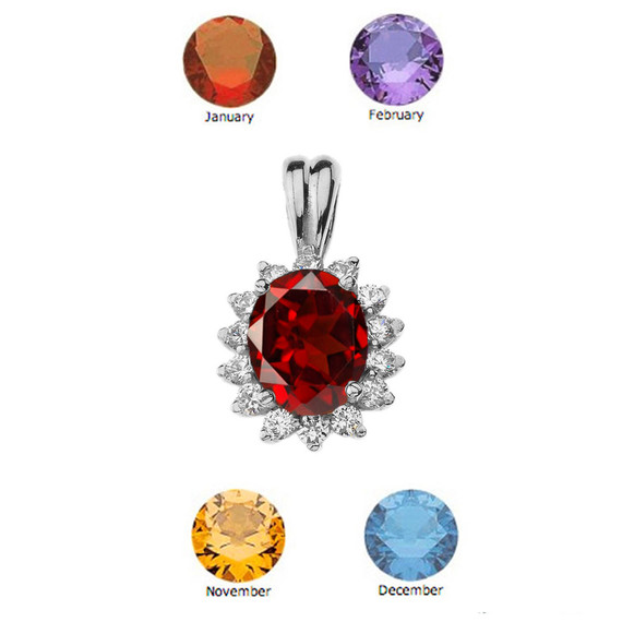 Princess Diana Inspired Halo Personalized Semi Precious Birthstone Pendant Necklace in White Gold