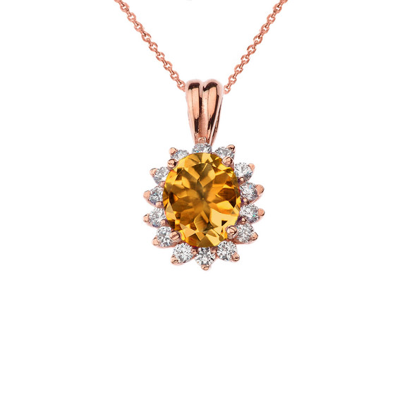 Princess Diana Inspired Halo Personalized Semi Precious Birthstone & Diamond Pendant Necklace in Rose Gold