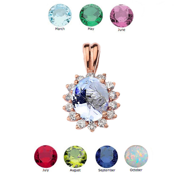 Princess Diana Inspired Halo Personalized (LC) Birthstone & Diamond Pendant Necklace in Rose Gold