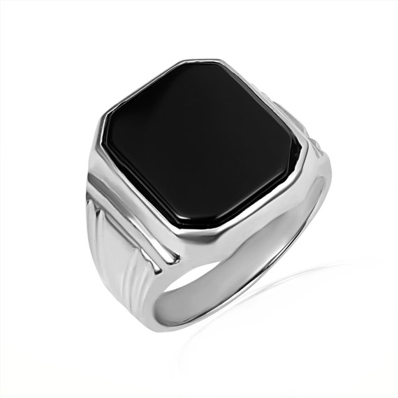 White Gold Modern Black Onyx Emerald Cut Men's Ring