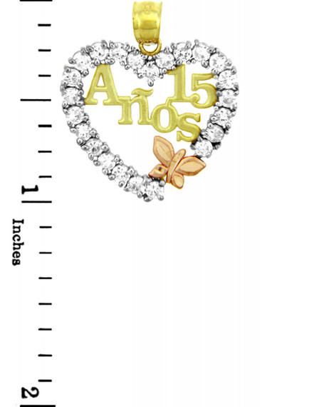 Gold Sweet 15 Años Quinceanera Pendant Necklace with Cubic Zirconia Heart with Butterfly