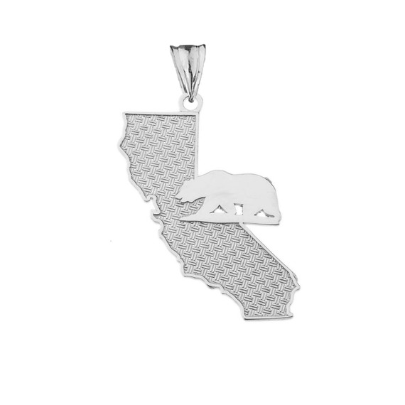 California State Map With Grizzly Bear Silhouette in Sterling Silver