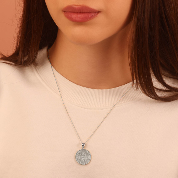 Silver Lord's Prayer Christian Medallion Necklace on female model