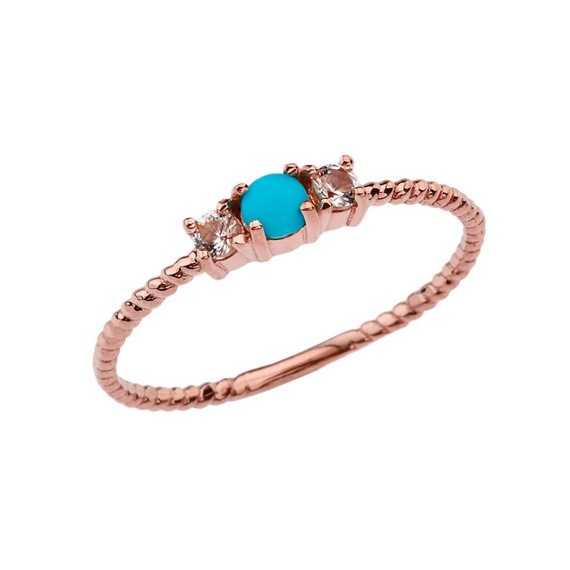 BoHo Elegant Turquoise and White Topaz Stackable Rope Ring in Rose Gold
