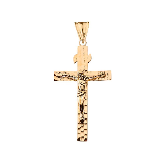 Hammered Crucifix Cross Pendant Necklace in Yellow Gold