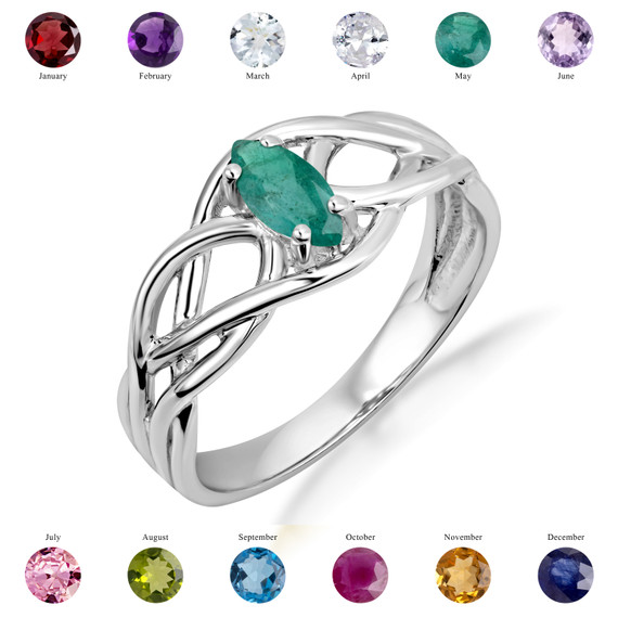 .925 Sterling Silver Lab Created Irish Celtic Knot Marquise Cut Custom Birthstone Ring