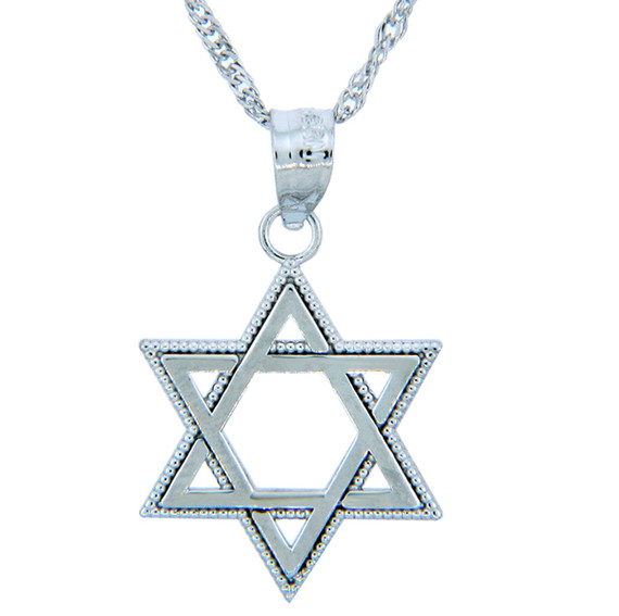 White Gold Milgrain Jewish Star of David Pendant Necklace