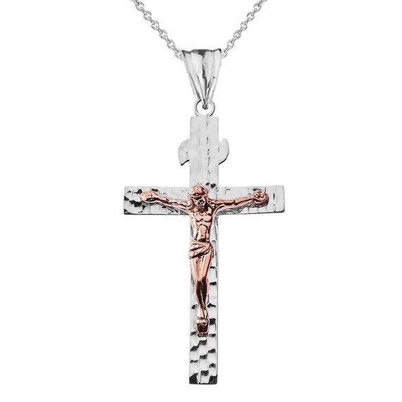 Hammered Crucifix Cross Pendant Necklace in Two Tone White Gold