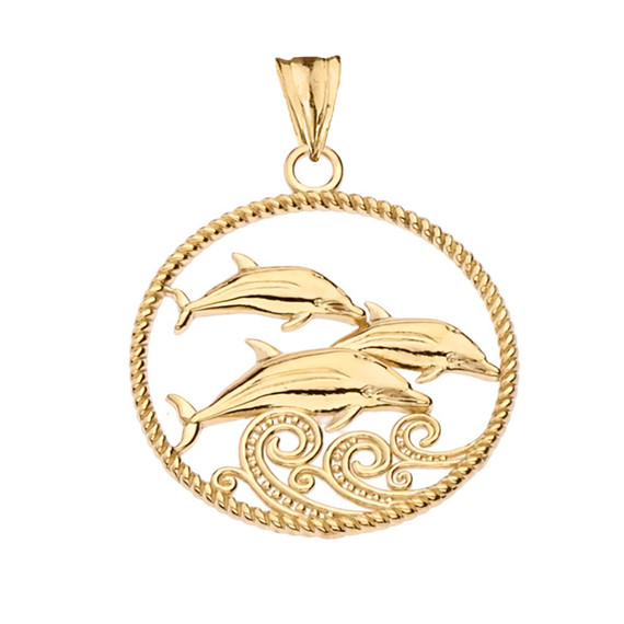 Roped Dolphin Trio Pendant Necklace in Yellow Gold