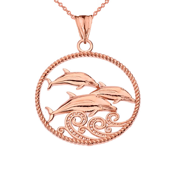 Roped Dolphin Trio Pendant Necklace in Rose Gold