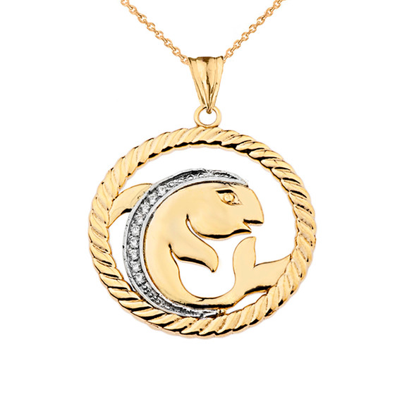 Diamond Pisces Zodiac In Rope Pendant Necklace In Yellow Gold