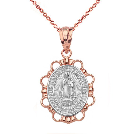 Solid Two Tone Rose Gold Our Lady of Guadalupe Pendant Necklace