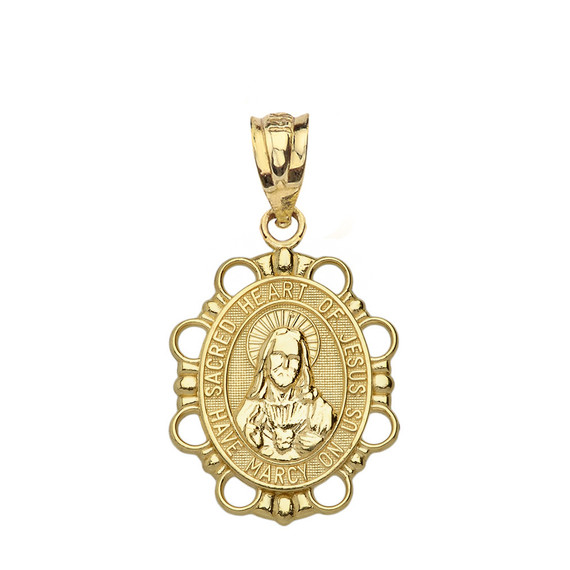 Solid Yellow Gold Sacred Heart of Jesus Pendant Necklace