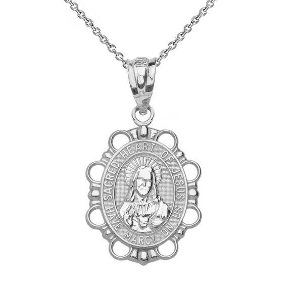 Solid White Gold Sacred Heart of Jesus Pendant Necklace