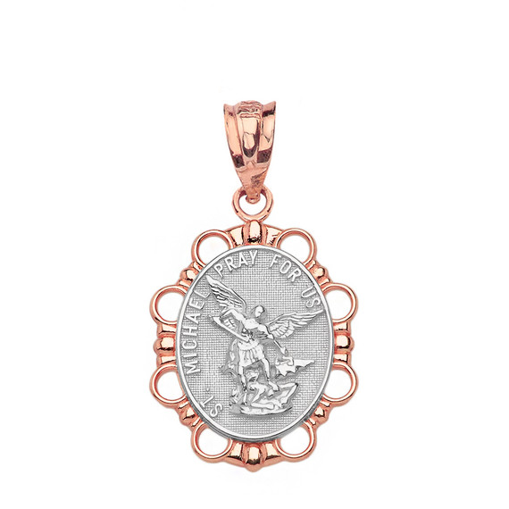 Solid Two Tone Rose Gold Saint Michael Pendant Necklace