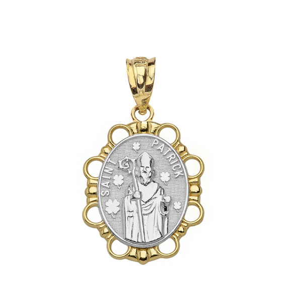 Solid Two Tone Yellow Gold Saint Patrick Pendant Necklace