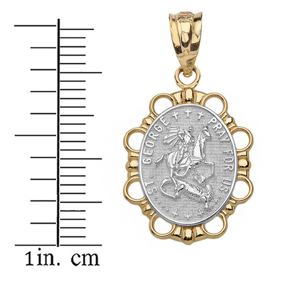 Solid Two Tone Yellow Gold Saint George Pendant Necklace