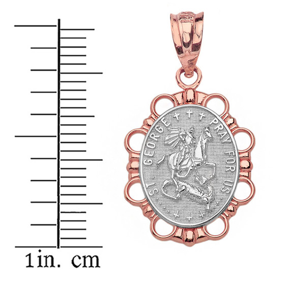 Solid Two Tone Rose Gold Saint George Pendant Necklace