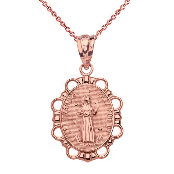 Solid Rose Gold Saint Francis Pendant Necklace