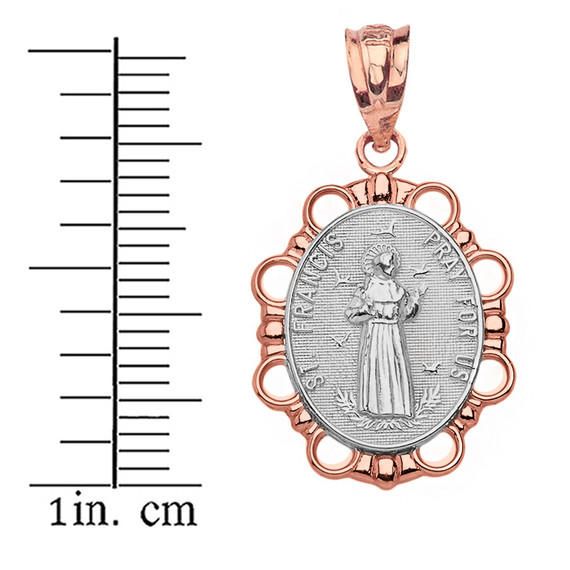 Solid Two Tone Rose Gold Saint Francis Pendant Necklace