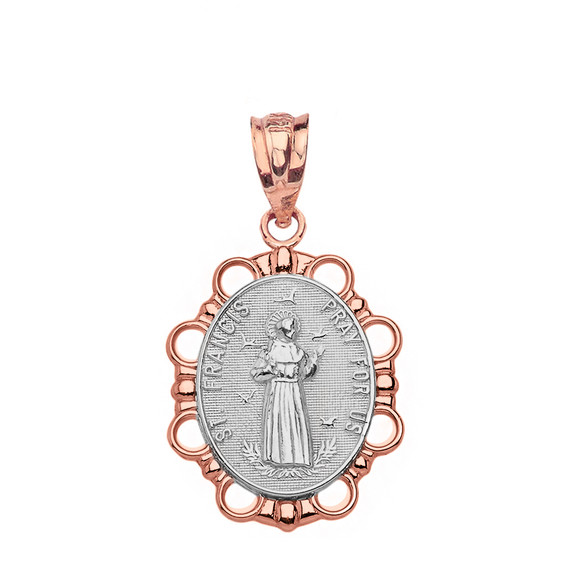 Solid Two Tone Rose Gold Saint Francis Pendant Necklace