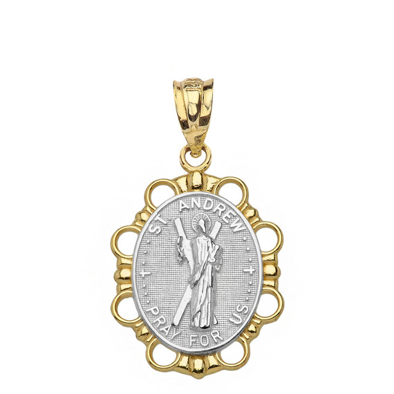 Solid Two Tone Yellow Gold Saint Andrew Pendant Necklace