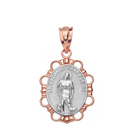 Solid Two Tone Rose Gold Saint Lazarus Pendant Necklace