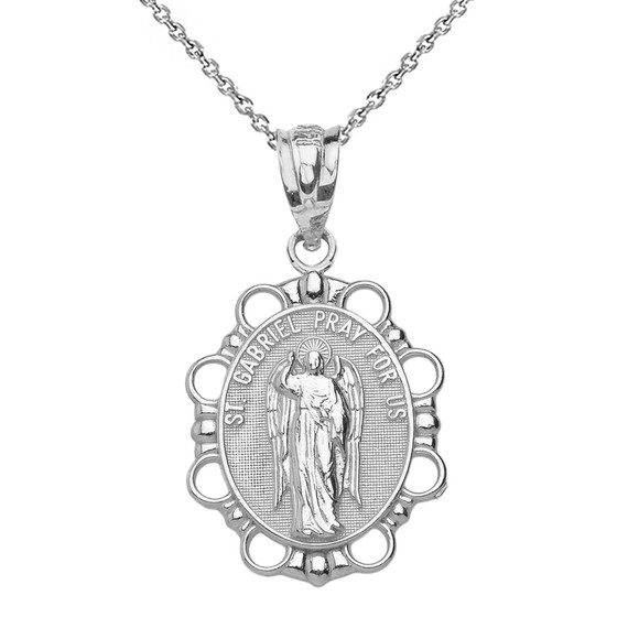 Solid White Gold Saint Gabriel Pendant Necklace