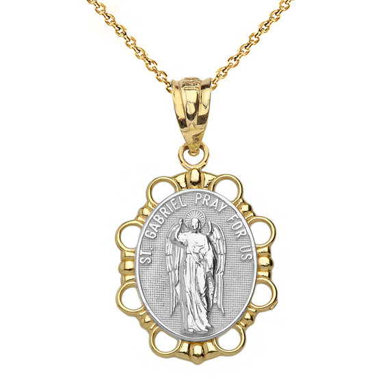 Solid Two Tone Yellow Gold Saint Gabriel Pendant Necklace