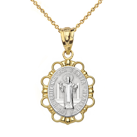 Solid Two Tone Yellow Gold Saint Benito Pendant Necklace