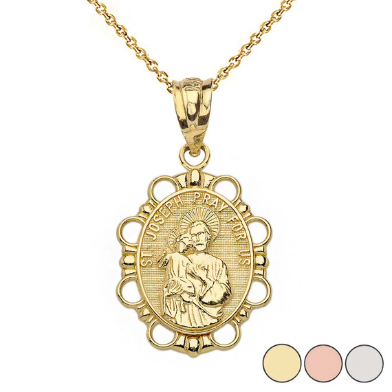 Saint Joseph Pendant Necklace in Solid Gold (Yellow/Rose/White)