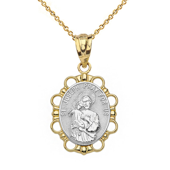 Solid Two Tone Yellow Gold Saint Joseph Pendant Necklace