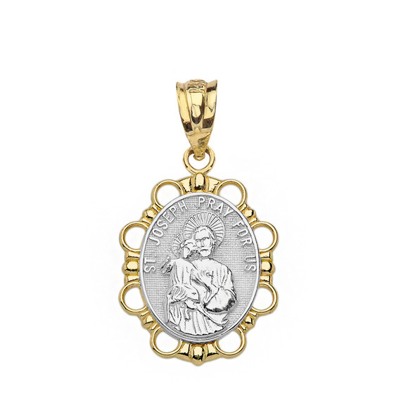 Solid Two Tone Yellow Gold Saint Joseph Pendant Necklace